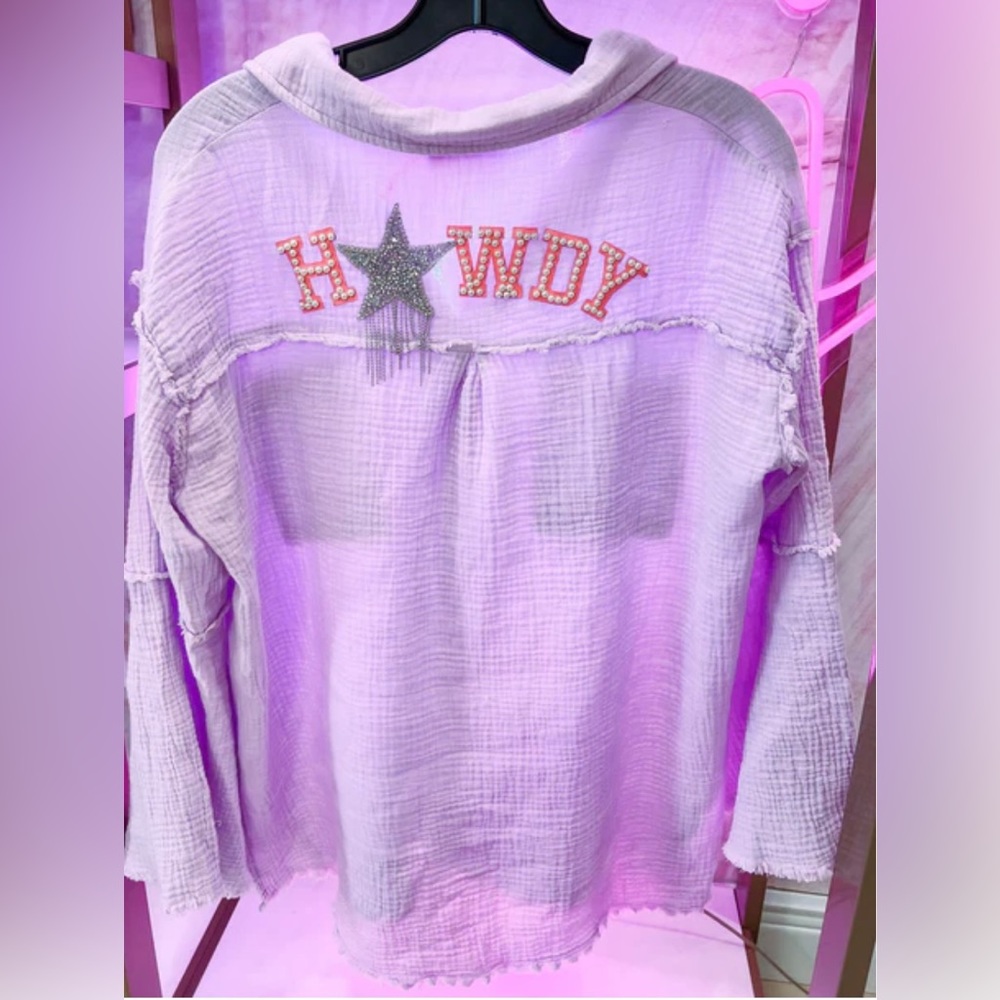 Fantastic Fawn Howdy Partner Sequin Gauze Top In a Lavender color